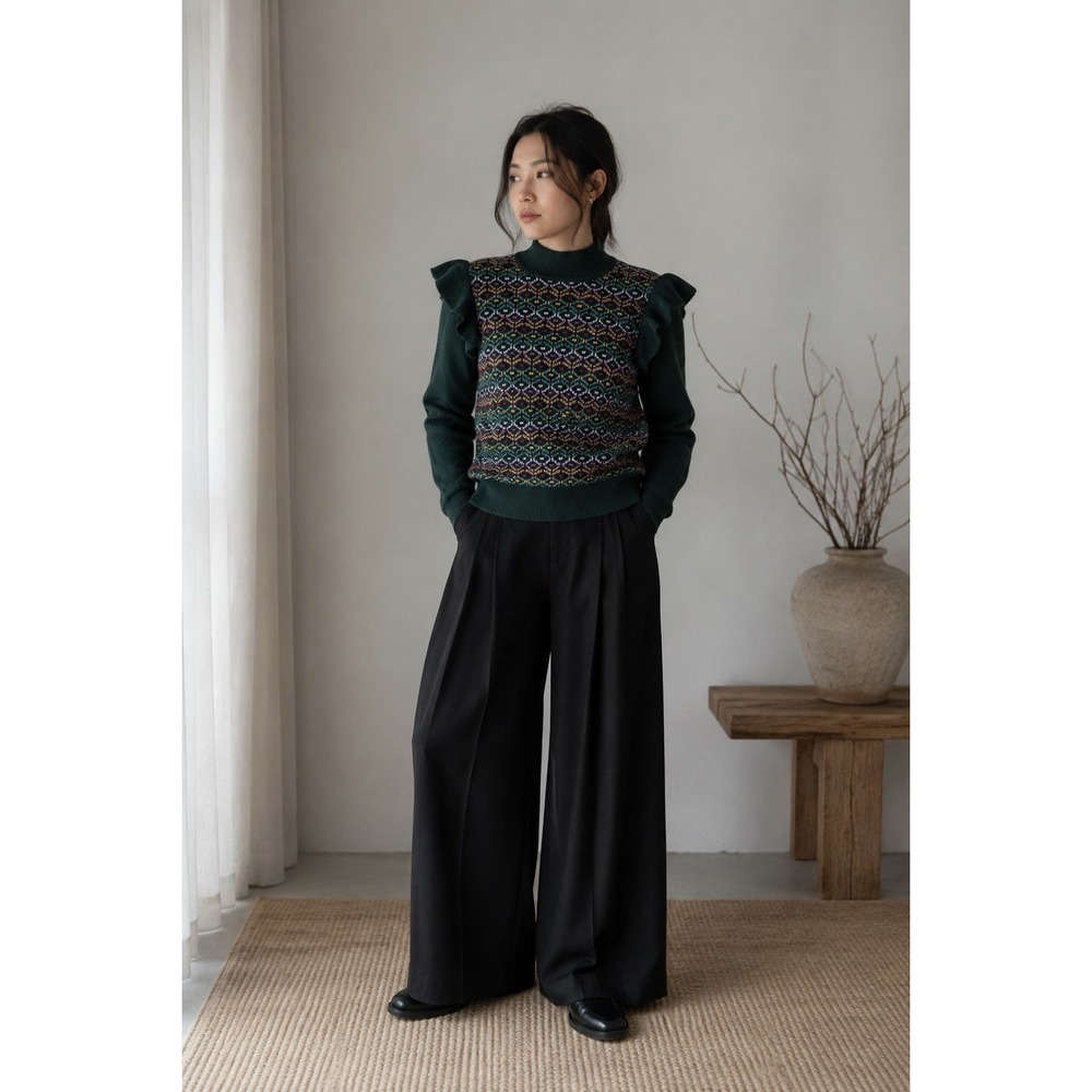 LOFT Sweater Womens L Ruffle Fair Isle Nordic Scandinavian Dark Academia